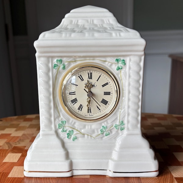 Belleek Cashel Mantel Clock, Shamrock Basketweave, Battery Operated, Works!