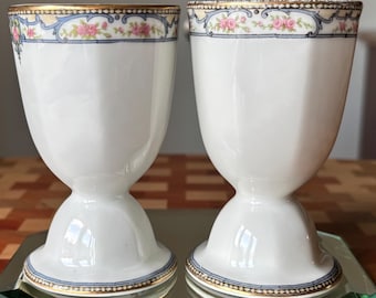 Antique Theodore Haviland Limoges Double Egg Cups:  Set of 2, Troy Pattern, France, Blue Scrolls Pink Roses, Schleiger 170, Rare