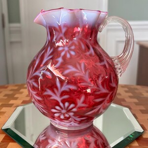 Vintage Cranberry Opalescent Daisy and Fern Pitcher, Fenton for LG Wright, 6 1/4”