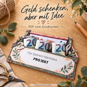Könnte beinhalten: Eine ausdruckbare Papierkarte in Form eines Werkzeugkastens mit Illustrationen von Werkzeugen und grünen Blättern. Die Karte zeigt den Text 'Geld schenken, aber mit Idee', 'PDF zum Ausdrucken' und 'Für Deinen nächstes PROJEKT'. Drei 20-Euro-Scheine stecken im Werkzeugkasten.