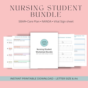May include: A bundle of printable nursing student worksheets. The worksheets include SBAR, Care Plan, NANDA, and Vital Sign sheets. The bundle is labeled "Nursing Student Worksheet Bundle" and is available as an instant printable download in letter size and A4.