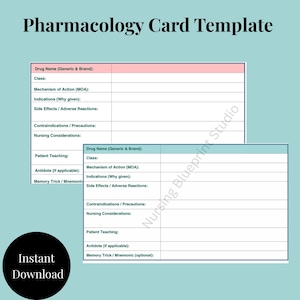 May include: A teal-colored digital template for pharmacology cards. The template includes fields for drug names, mechanisms of action, indications, side effects, contraindications, and patient teaching. The words "Pharmacology Card Template" are at the top.