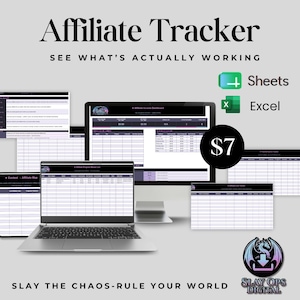 May include: A digital affiliate tracker spreadsheet template for Google Sheets and Excel. The display shows an affiliate income dashboard, content map, and link tracker on a laptop and monitor screen with the text Affiliate Tracker and Slay Ops Digital.