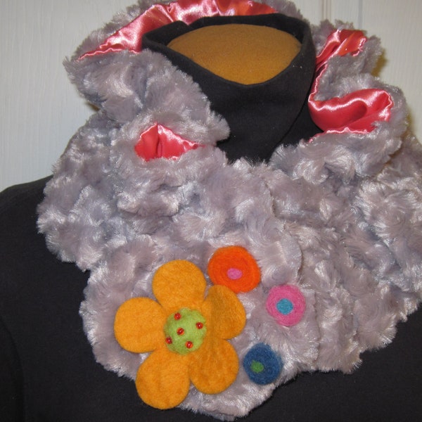 Ruffled Neck Warmer or Cowl w/Felted Whimsical Accent