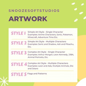 Puede incluir: Anuncio de obra de arte de Snoozesoftstudios. La imagen presenta la palabra "ARTWORK" en texto morado. Debajo, un rect&aacute;ngulo blanco enumera cinco estilos de arte: Simple Art Style (personajes simples y m&uacute;ltiples), Complex Art Style y Banderas y patrones.