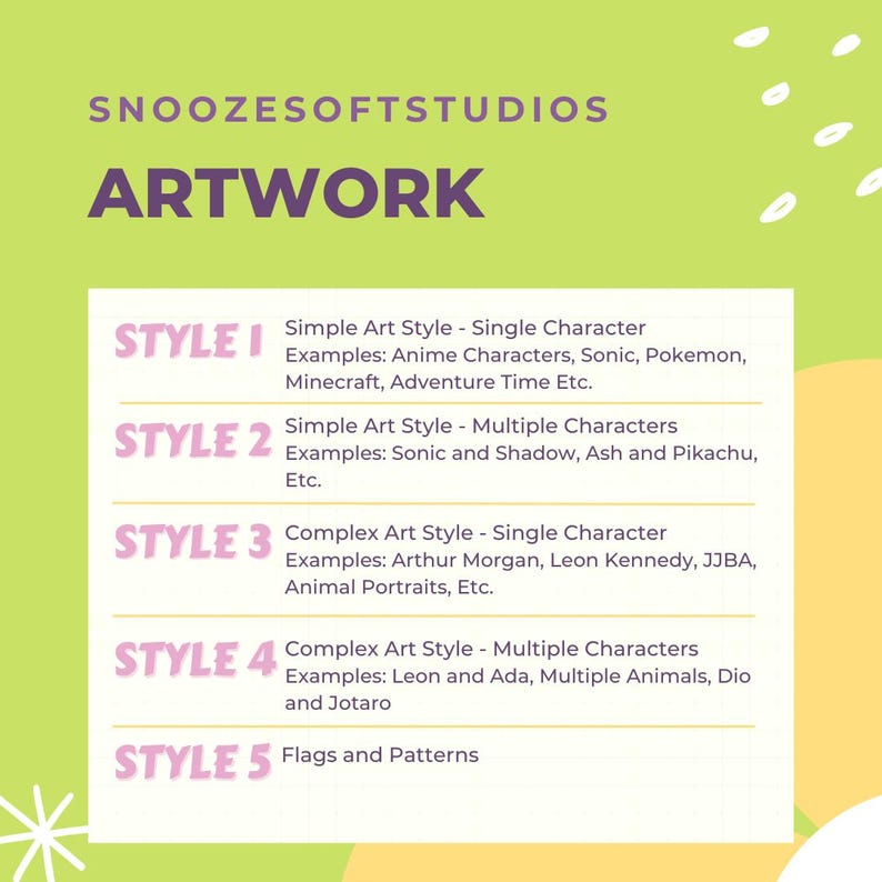 Puede incluir: Anuncio de obra de arte de Snoozesoftstudios. La imagen presenta la palabra "ARTWORK" en texto morado. Debajo, un rect&aacute;ngulo blanco enumera cinco estilos de arte: Simple Art Style (personajes simples y m&uacute;ltiples), Complex Art Style y Banderas y patrones.