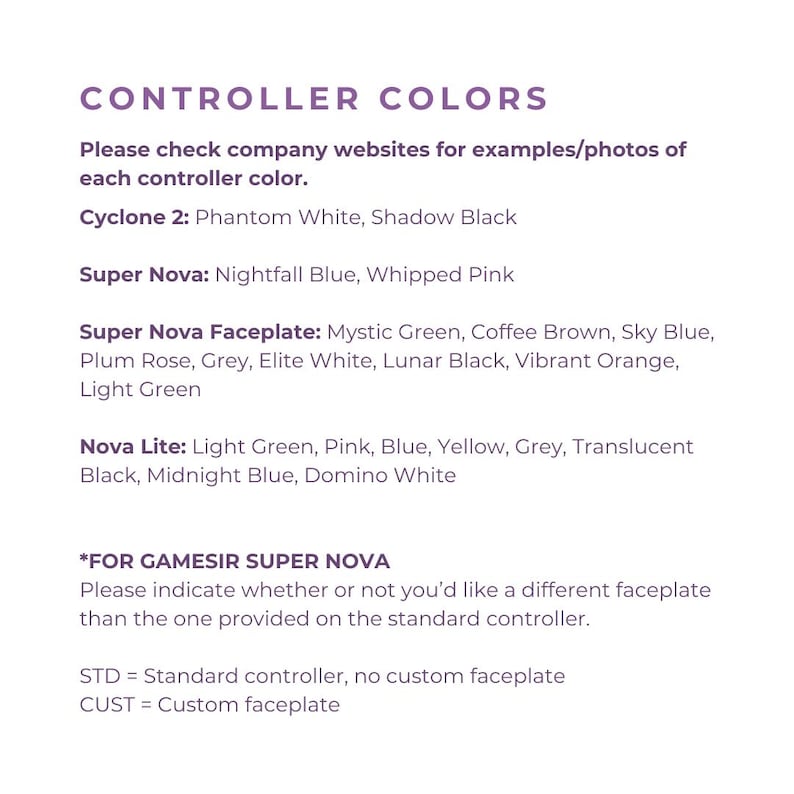 Puede incluir: La imagen muestra una lista de colores de mandos, incluyendo Cyclone 2 en Phantom White y Shadow Black, Super Nova en Nightfall Blue y Whipped Pink, y Nova Lite en varios colores. Tambi&eacute;n se mencionan opciones de placa frontal.