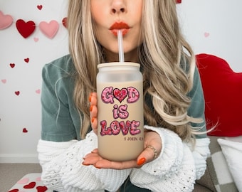 God is Love Bible Verse Glass Cup, Valentines Day Iced Coffee Tumbler, Valentines Day Gift for Him Her, Christian Coffee Cup, Religious Gift