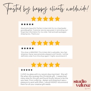 May include: A graphic display featuring the text Trusted by happy clients worldwide! followed by three sets of five yellow stars and three customer reviews. The bottom right corner displays the text studio veluxe by nana in dark red font.