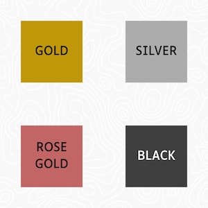 K&ouml;nnte beinhalten: Ein Raster aus vier farbigen Quadraten mit Textbeschriftungen. Das obere linke Quadrat ist goldfarben mit dem Text GOLD. Das obere rechte Quadrat ist silberfarben mit dem Text SILVER. Das untere linke Quadrat ist ros&eacute;gold mit dem Text ROSE GOLD. Das untere rechte Quadrat ist schwarz mit dem Text BLACK.
