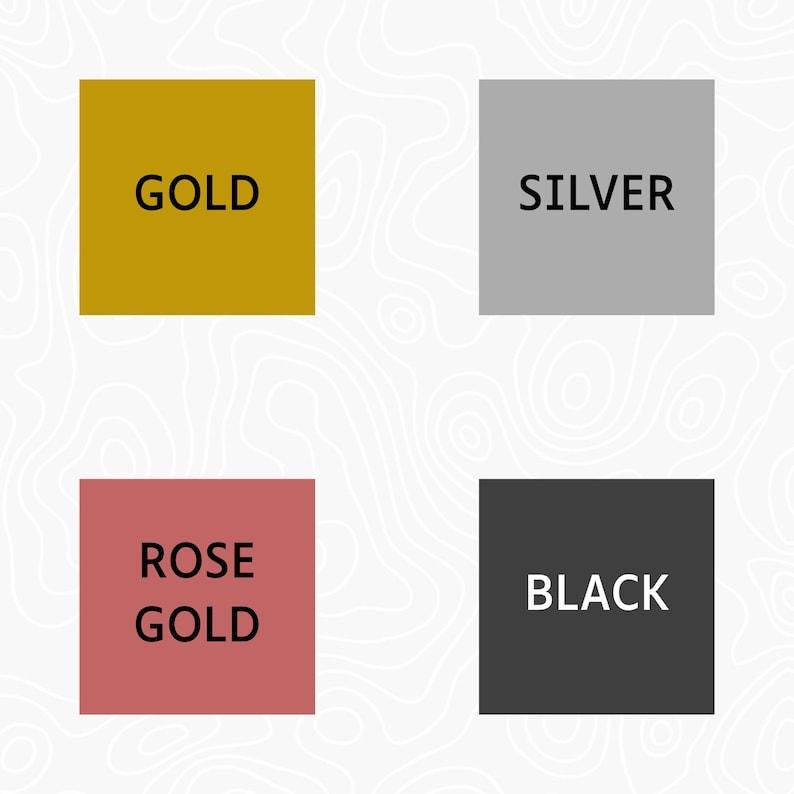 K&ouml;nnte beinhalten: Ein Raster aus vier farbigen Quadraten mit Textbeschriftungen. Das obere linke Quadrat ist goldfarben mit dem Text GOLD. Das obere rechte Quadrat ist silberfarben mit dem Text SILVER. Das untere linke Quadrat ist ros&eacute;gold mit dem Text ROSE GOLD. Das untere rechte Quadrat ist schwarz mit dem Text BLACK.