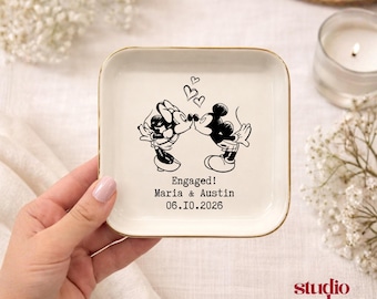 Personalized Mickey and Minnie Ring Dish, Custom Married Jewelry Dish, She Said Yes Trinket Dish, Retro Engaged Ring Dish, Gift for Couples