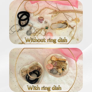 May include: A comparison of jewelry and accessories displayed without and with two heart-shaped ring dishes. The collection includes gold-tone watches, necklaces, bracelets, rings, and black hair ties. Text labels read Without ring dish and With ring dish.