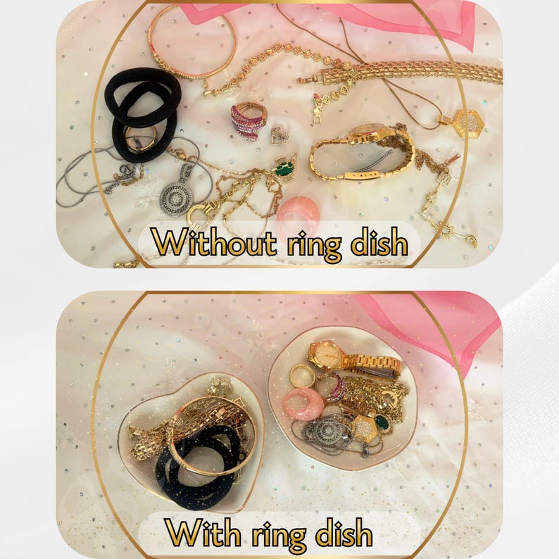 May include: A comparison of jewelry and accessories displayed without and with two heart-shaped ring dishes. The collection includes gold-tone watches, necklaces, bracelets, rings, and black hair ties. Text labels read Without ring dish and With ring dish.