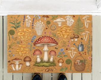 Whimsical Cottagecore Mushroom Doormat | Forest Aesthetic Entry Rug | Boho Fungi Welcome Mat | Rustic Fairycore Door Mat