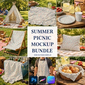 May include: A summer picnic mockup bundle featuring items with a floral pattern, including a blanket, pillow, apron, and chair. The scene includes a picnic tent, food, drinks, and design software icons.