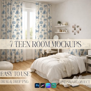 May include: A bedroom mockup featuring a bed with white bedding, patterned curtains, and a matching pillow. The curtains and pillow feature a blue and white equestrian design. The text "7 TEEN ROOM MOCKUPS" is displayed.