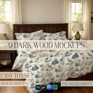 Puede incluir: Una cama con cabecero de madera oscura y mesitas de noche a juego. La ropa de cama presenta un fondo color crema con un diseño de garza azul. Se muestra el texto "9 DARK WOOD MOCKUPS". El texto adicional incluye "EASY TO USE", "DRAG & DROP PNG" y "PSD SMART OBJECT".