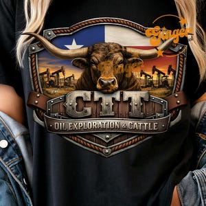 Logo pola naftowego Texas Bull w formacie PNG, projekt koszulki Western Ranch, CTT Oil and Exploration