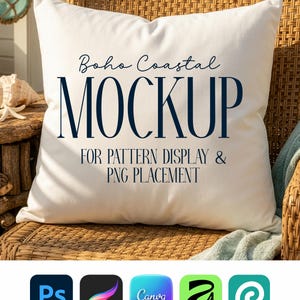 Boho Coastal Cushion Mockup | Pillow Mockup Template | Surface Pattern Display Scene | PSD Smart Object Pillow Mockup | Fabric Design Mockup