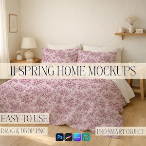 Paquete de maquetas de casas de primavera: Visualización de patrones de superficies textiles PSD Procreate Canva PNG