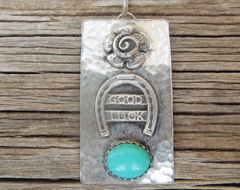 Horseshoe Turquoise Good Luck Sterling Silver Pendant Charm Cowgirl Equestrian Necklace