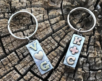 Personalized Gift Keychain - Custom Made Valentine - Hand Crafted Sterling Silver with Brass Lettering
