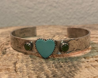 Sweetheart Cuff - Chinese Turquoise Heart Cowgirl Cuff Bracelet with Green Jade Stones