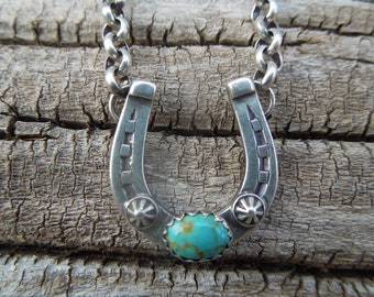 NEW Horseshoe Sterling Silver Necklace - Turquoise and studs version - heavy sterling rolo chain