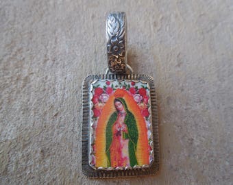 Our Lady of Guadalupe #1 Pendant Sterling Silver and Shrinky Dink Shrink Plastic Catholic Religious Kitsch Jewelry