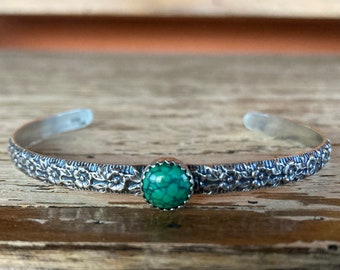 Spirit Wind Cuff - Chinese Matrix Turquoise on Floral Pattern Sterling Silver