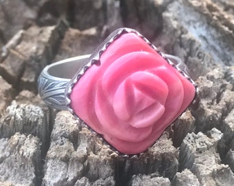 Pink Rose Flower Ring - set in sterling silver hand forged