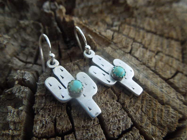 Fat Little Cactus Sterling Silver American Turquoise Earrings Handmade Saguaro Cactus Arizona New Mexico Southwest image 3