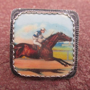Race Horse Cocktail Ring Sterling Silver and Shrink Plastic Equestrian Horse Cowgirl Racehorse Jewelry