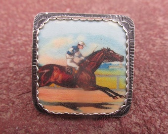 Race Horse Cocktail Ring Sterling Silver and Shrink Plastic Equestrian Horse Cowgirl Racehorse Jewelry