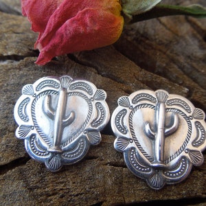 Stamped Sterling Silver Santa Fe Southwestern Small Heart Saguaro Cactus Concho Post Earrings