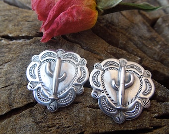 Stamped Sterling Silver Santa Fe Southwestern Small Heart Saguaro Cactus Concho Post Earrings