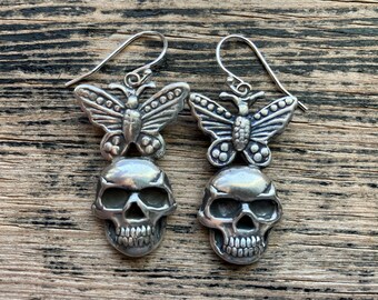 Skull and Butterfly Sterling Silver Dangle Earrings