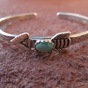 Sterling Silver Artisan Stamped Arrow and Turquoise Cowgirl Cuff Bracelet - Hammered Sterling