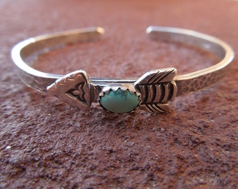 Sterling Silver Artisan Stamped Arrow and Turquoise Cowgirl Cuff Bracelet - Hammered Sterling