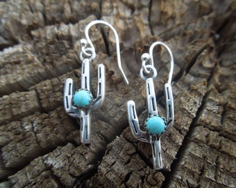 Skinny Little Cactus Sterling Silver American Turquoise Earrings - Handmade Saguaro Cactus Arizona New Mexico Southwest