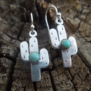 Fat Little Cactus Sterling Silver American Turquoise Earrings - Handmade Saguaro Cactus Arizona New Mexico Southwest
