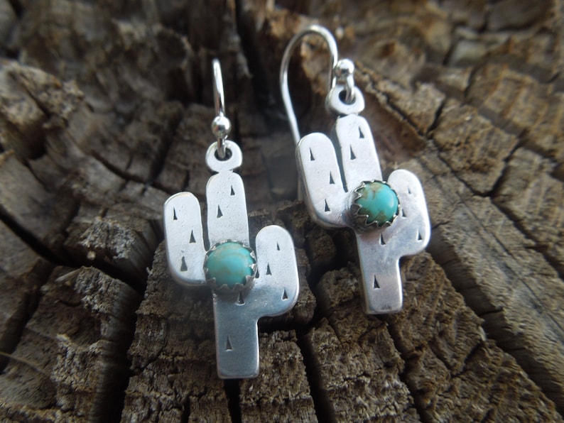 Fat Little Cactus Sterling Silver American Turquoise Earrings Handmade Saguaro Cactus Arizona New Mexico Southwest image 1