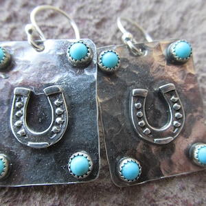 Horseshoe Turquoise Sterling Silver Earrings - Mexican Turquoise and Sterling Silver