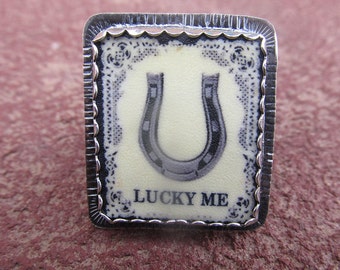 Lucky Me Horseshoe Cocktail Ring Sterling Silver and Shrink Plastic Equestrian Jewelry Horse Shoe