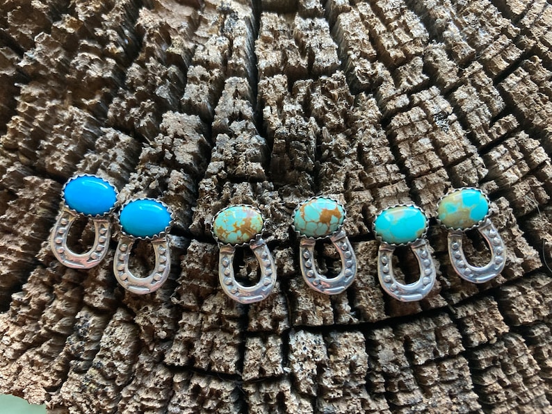 Little Mini Sterling Horseshoe Earrings with Kingman Arizona American Turquoise Stud Post Horse Shoe earrings image 1