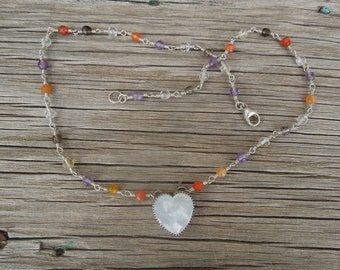 Mother of Pearl Heart and Mixed Gemstones necklace - Sterling Silver choker heart charm rosary chain