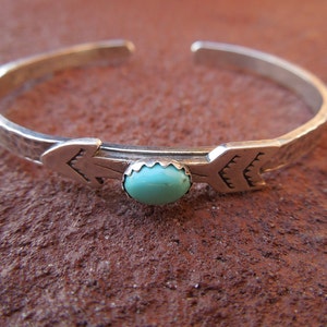 Sterling Silver Artisan Stamped Arrow and Turquoise Cowgirl Cuff Bracelet - Hammered Sterling