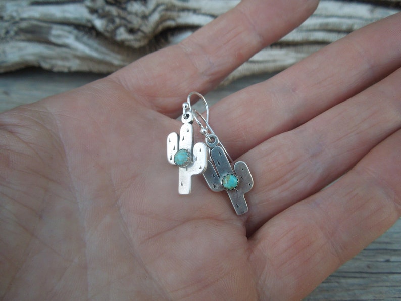 Fat Little Cactus Sterling Silver American Turquoise Earrings Handmade Saguaro Cactus Arizona New Mexico Southwest image 2