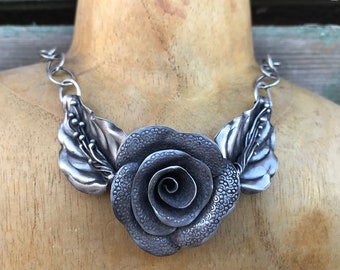 Sterling Flower Necklace - Flowers and Leaves elegant Sterling Silver Statement Necklace